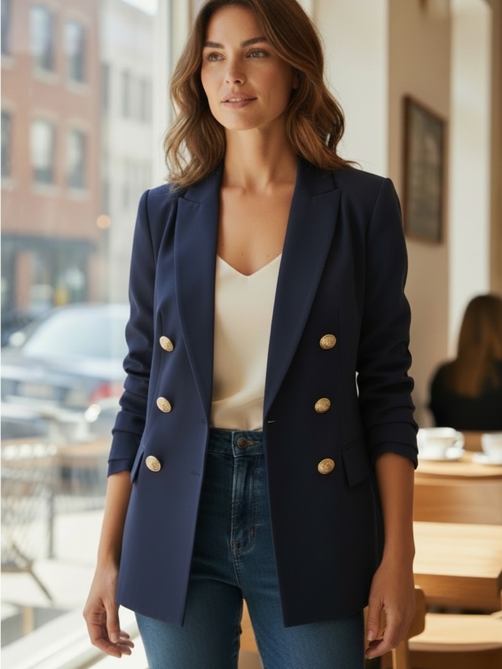 Women's Navy Double-Breasted Blazer with Gold Buttons